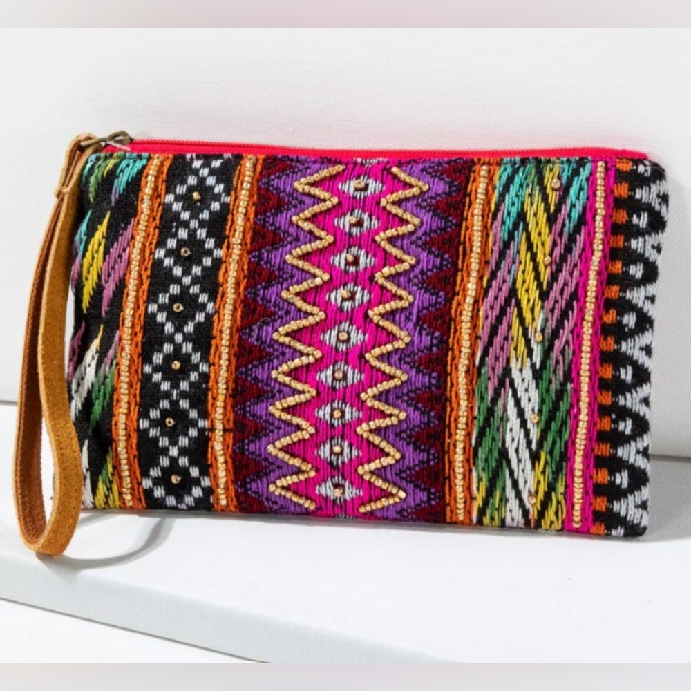 Handmade Hand Beaded Wristlet Clutch - Ethnic Inspired Design - Dyed Fine Cotton - Picture 2 of 7